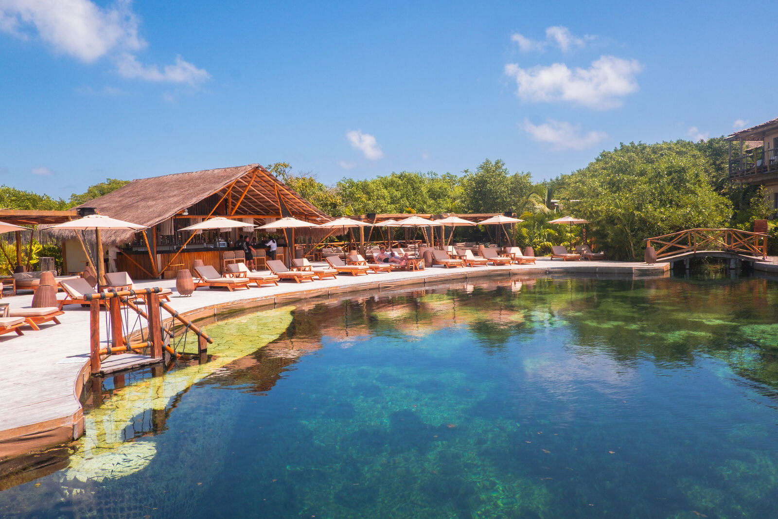 Natural resort pool under midday sun
