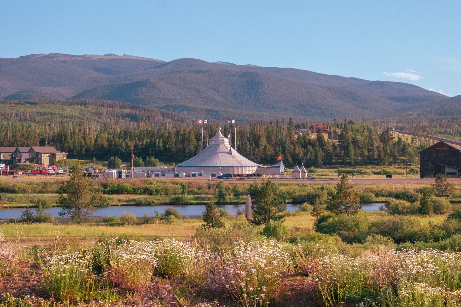 Event tent venue in a mountain valley