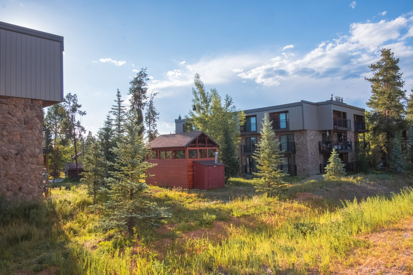 Mountain lodge residences in evening light