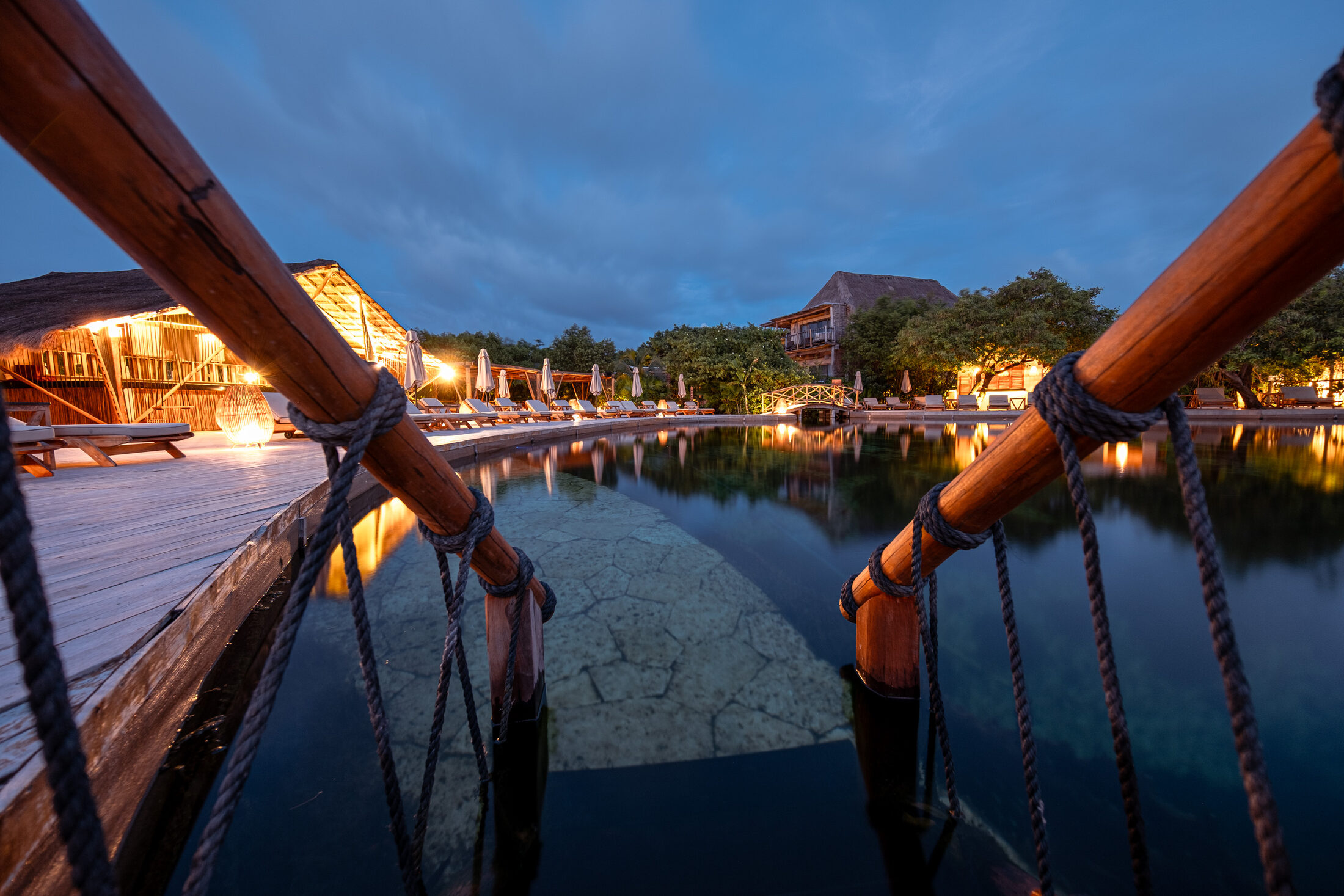Resort pool at blue hour